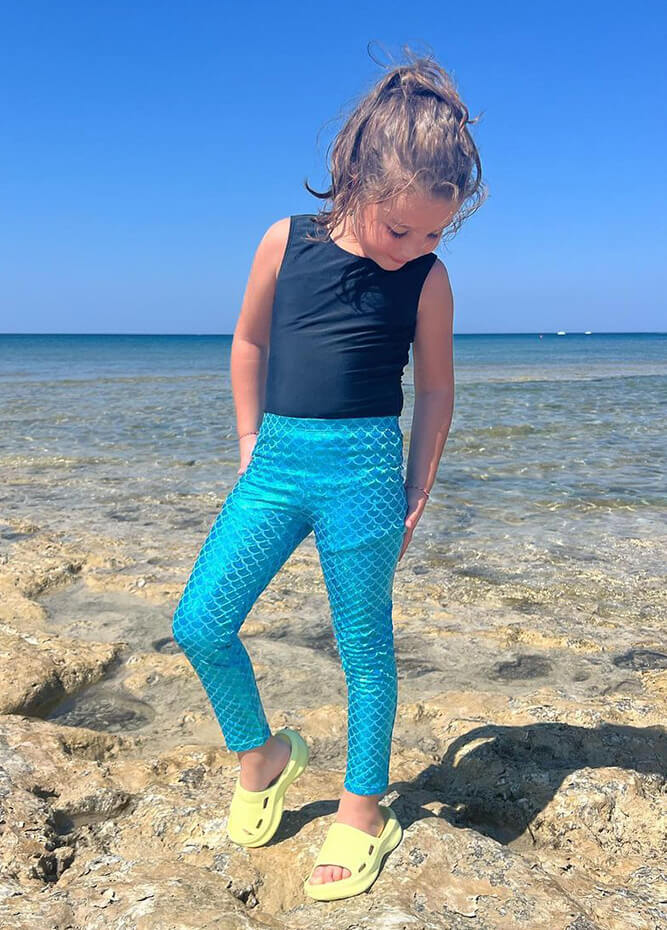 Girls Kids Turquoise Sea Blue Mermaid leggings Metallic Little