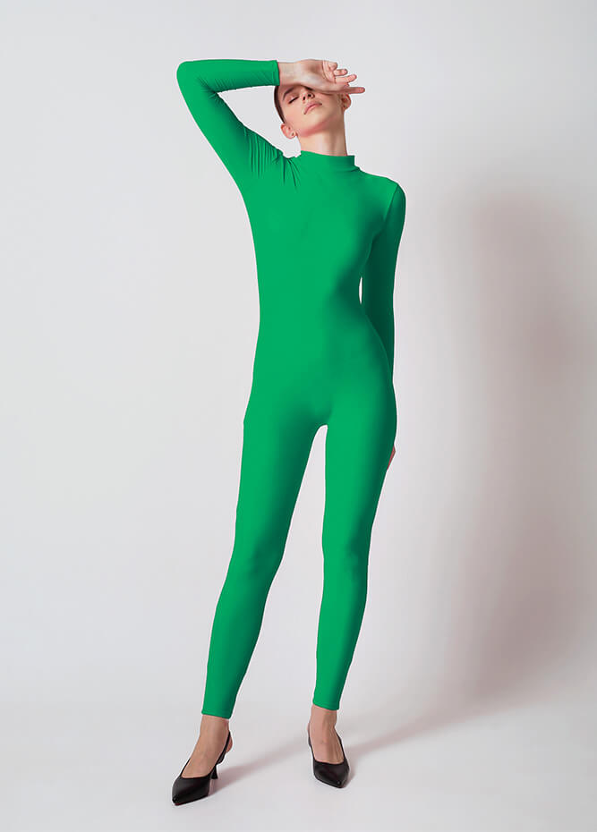 Green Turtleneck Long Sleeve Unitard Womens