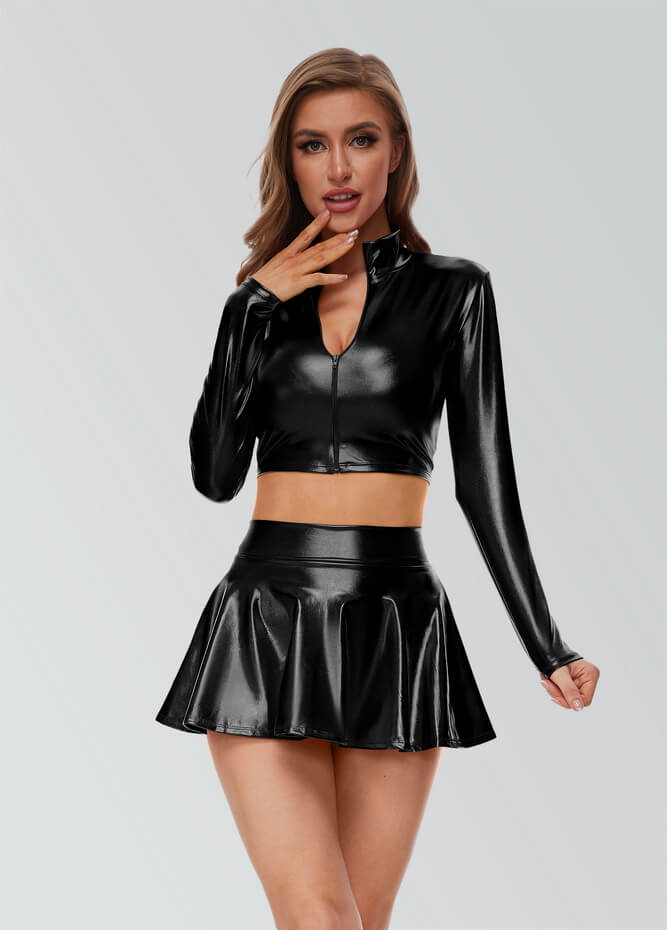 Pleated Shiny Metallic Skater Mini Skirt