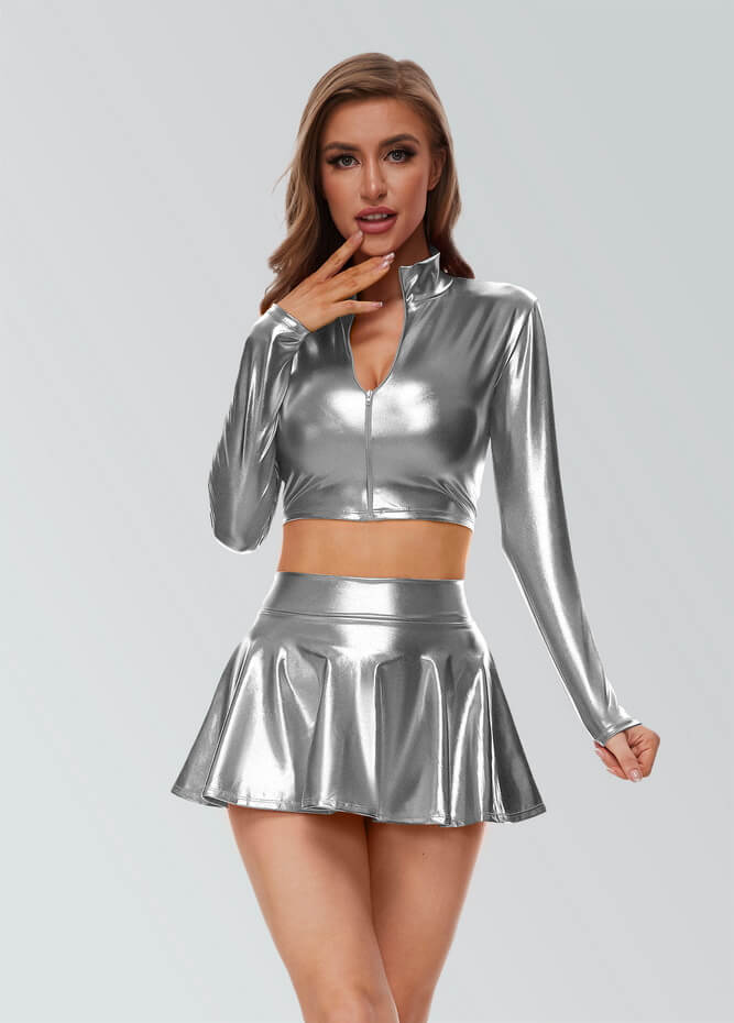 Pleated Shiny Metallic Skater Mini Skirt