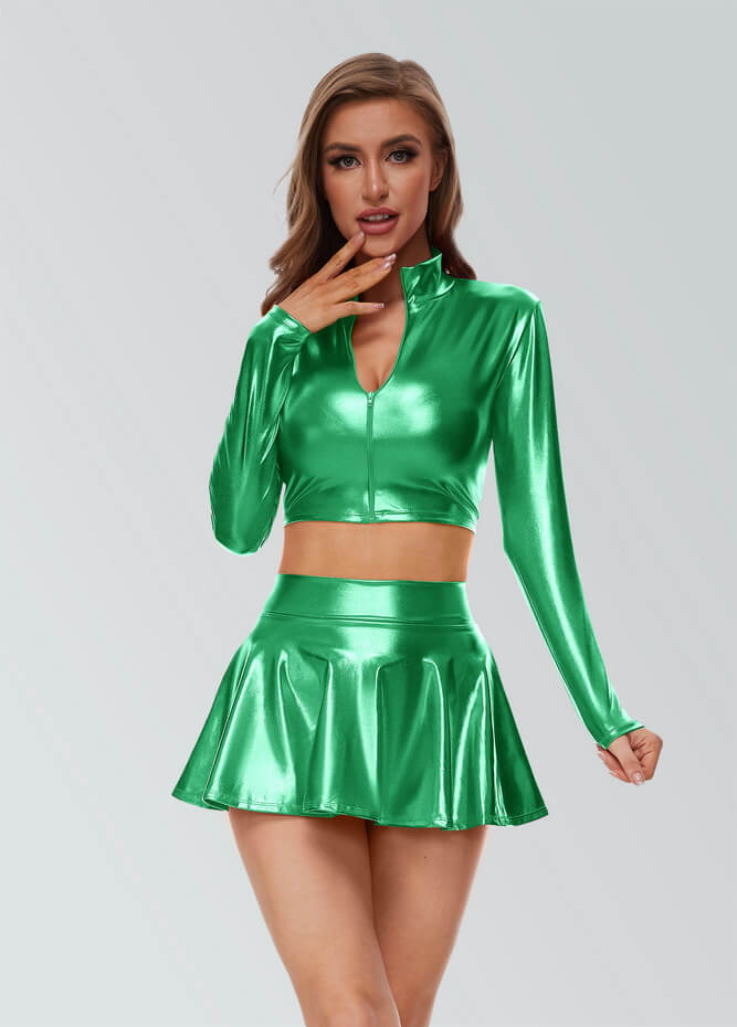 Pleated Shiny Metallic Skater Mini Skirt