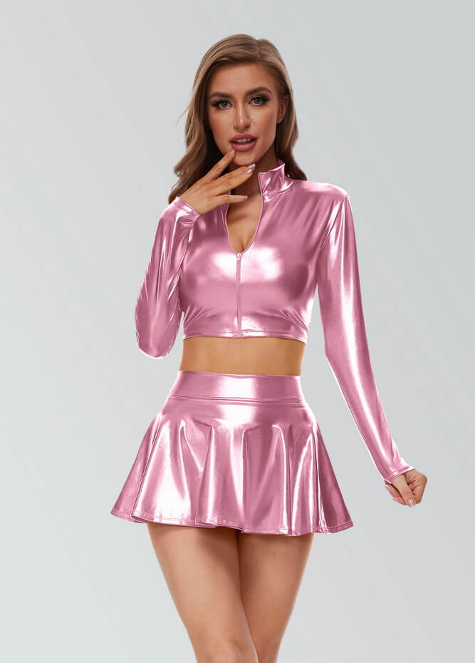 Pleated Shiny Metallic Skater Mini Skirt