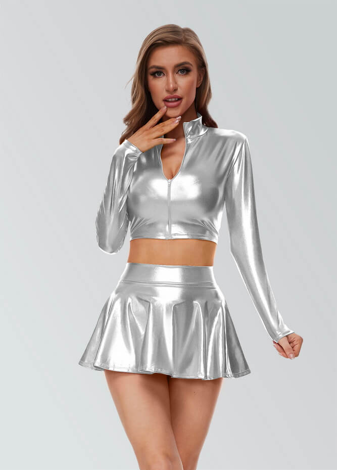 Pleated Shiny Metallic Skater Mini Skirt