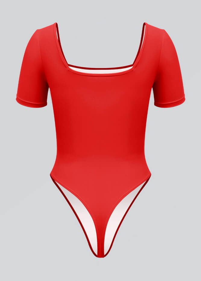 Womens Short Sleeve Square Neck Thong Bodysuit