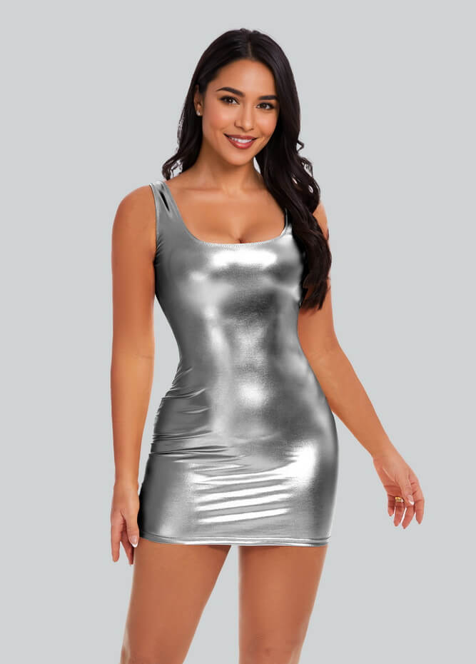 Womens Sleeveless Scoop Neck Shiny Metallic Mini Dress