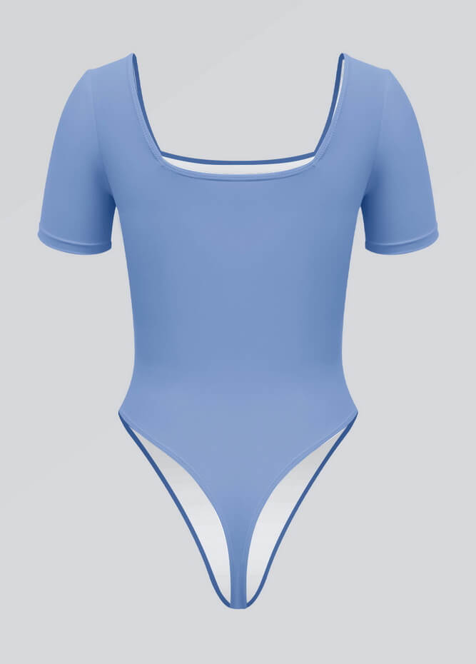 Womens Short Sleeve Square Neck Thong Bodysuit