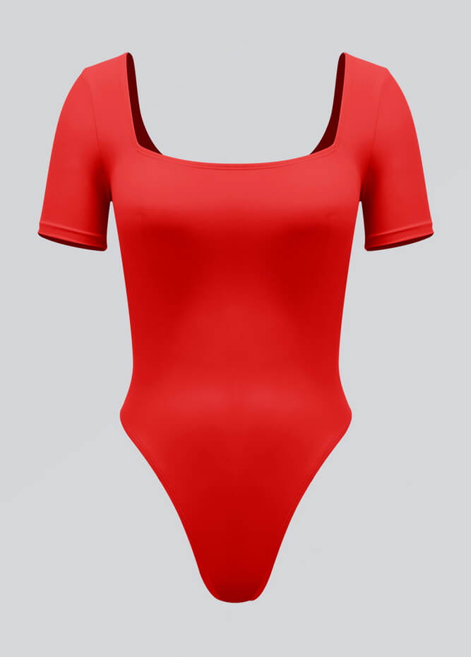 Womens Short Sleeve Square Neck Thong Bodysuit Red S