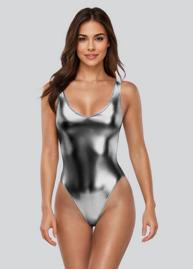 Womens Sleeveless Deep Scoop Neck Shiny Metallic Bodysuit