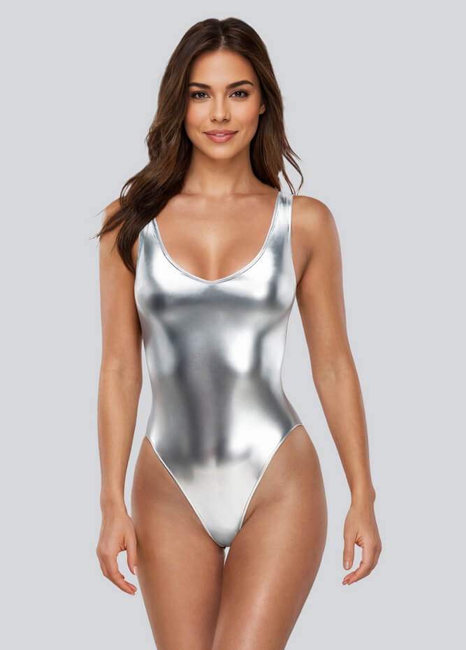 Womens Sleeveless Deep Scoop Neck Shiny Metallic Bodysuit