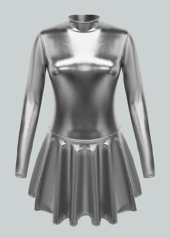 Long Sleeve Turtleneck Shiny Metallic A-Line Flared Dress