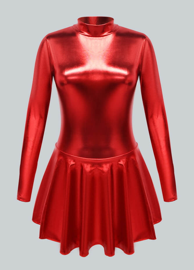 Long Sleeve Turtleneck Shiny Metallic A-Line Flared Dress