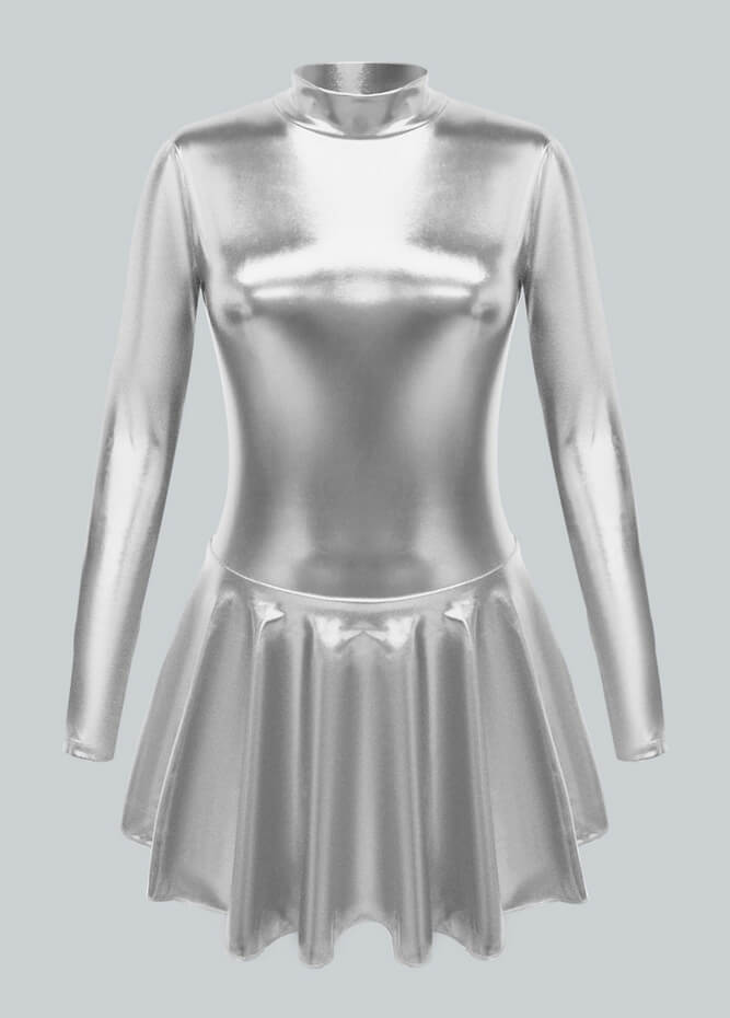 Long Sleeve Turtleneck Shiny Metallic A-Line Flared Dress