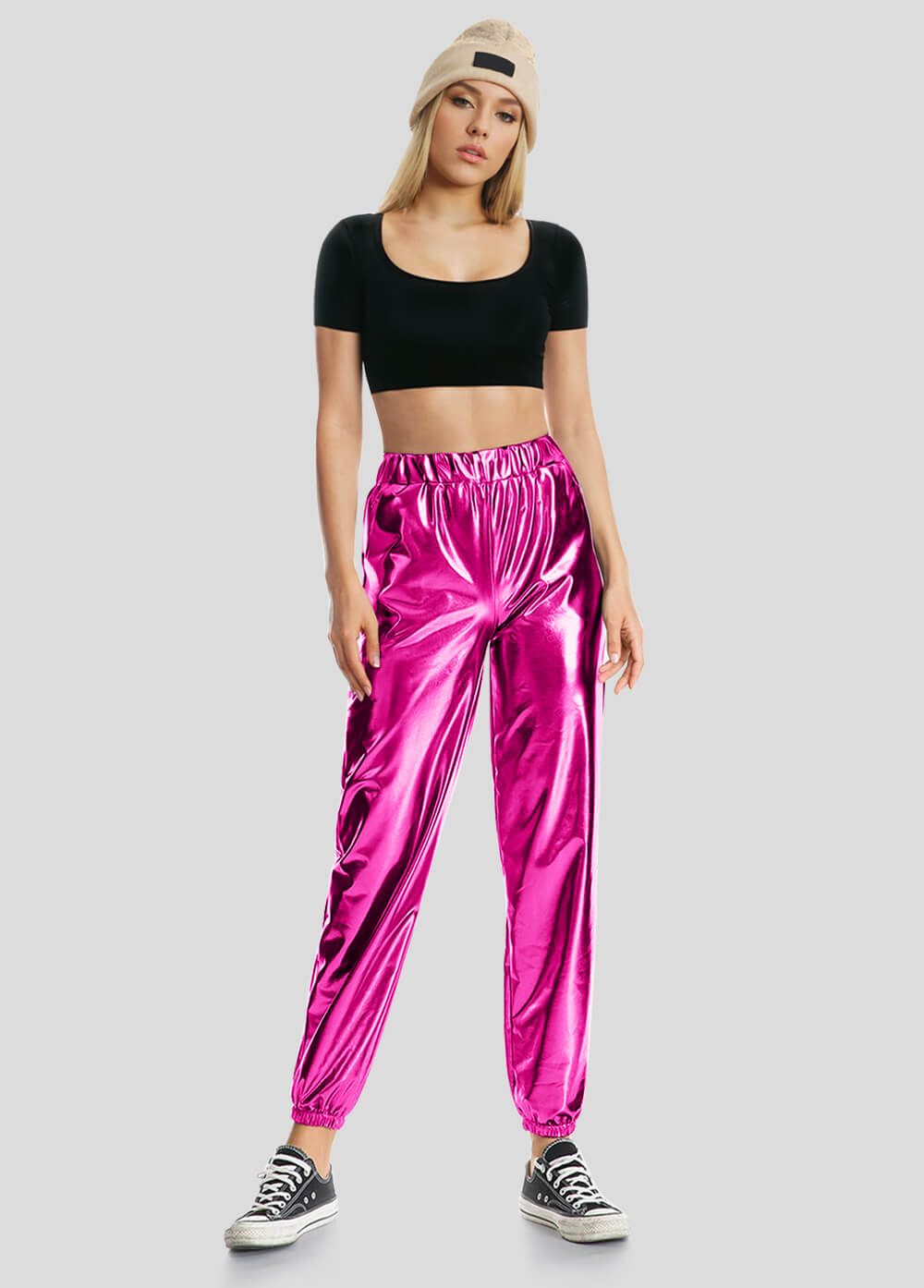 High Waisted Shiny Metallic Jogger Pants