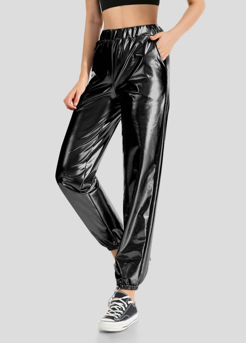 High Waisted Shiny Metallic Jogger Pants