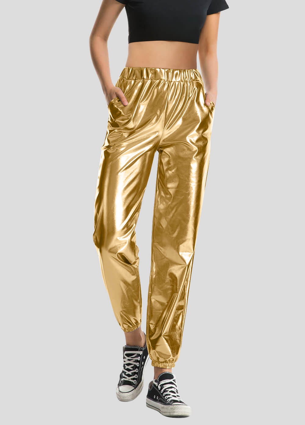 High Waisted Shiny Metallic Jogger Pants