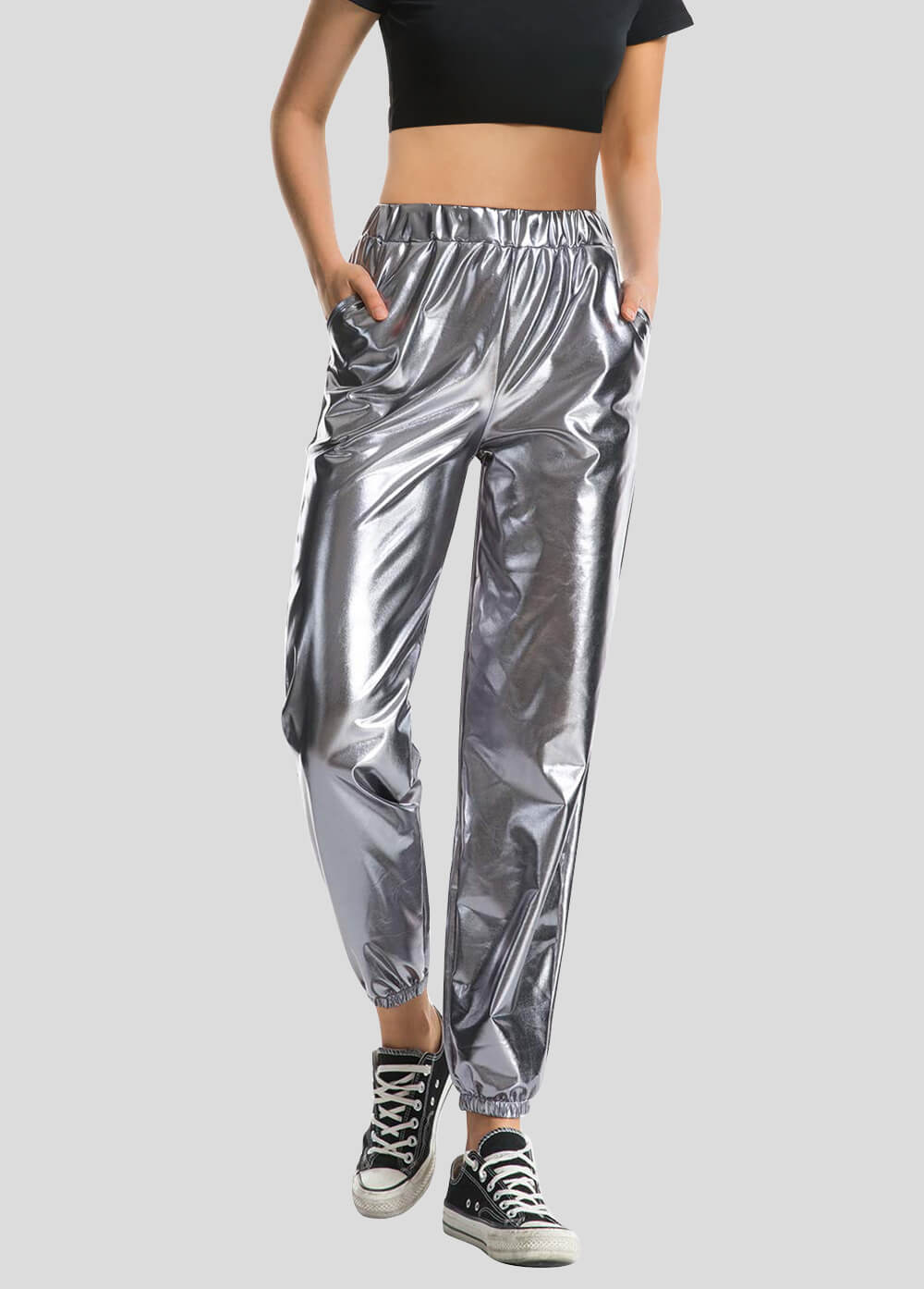 High Waisted Shiny Metallic Jogger Pants