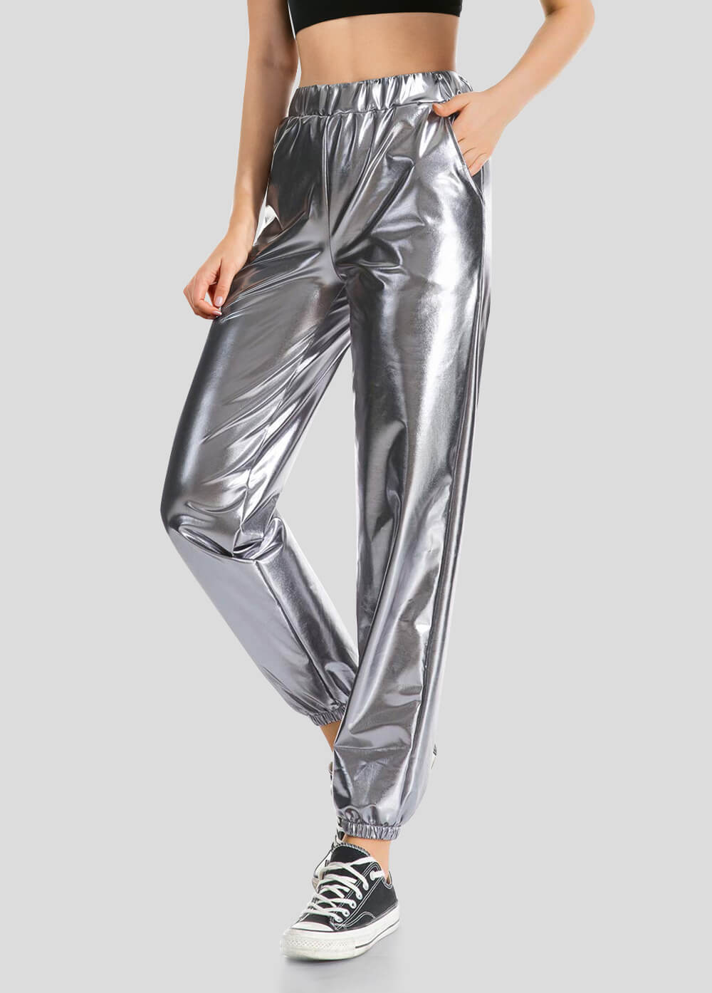 High Waisted Shiny Metallic Jogger Pants