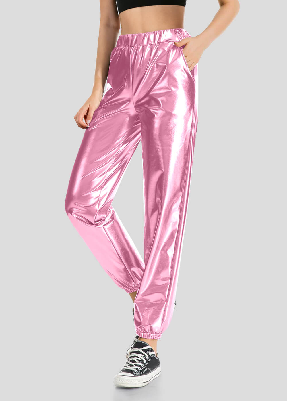 High Waisted Shiny Metallic Jogger Pants