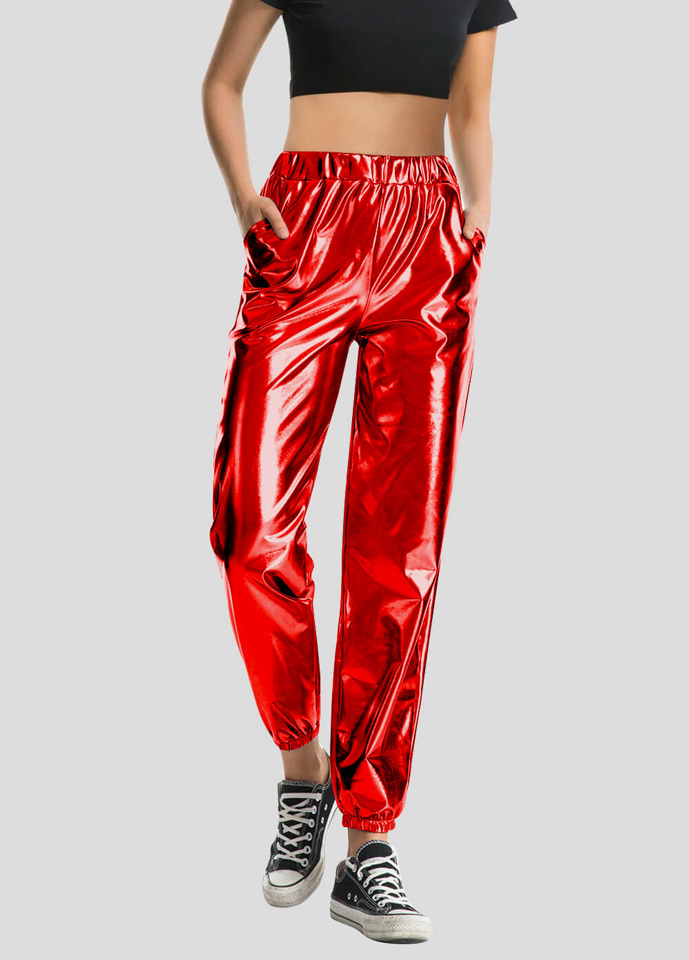 High Waisted Shiny Metallic Jogger Pants