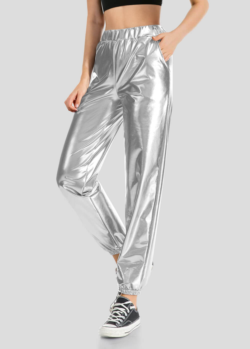 High Waisted Shiny Metallic Jogger Pants