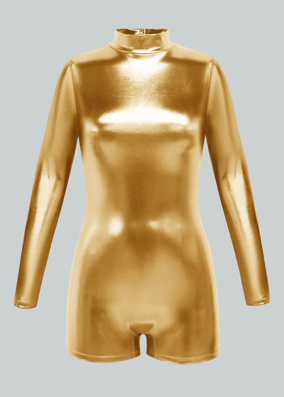 Long Sleeve Mock Neck Shiny Metallic Romper