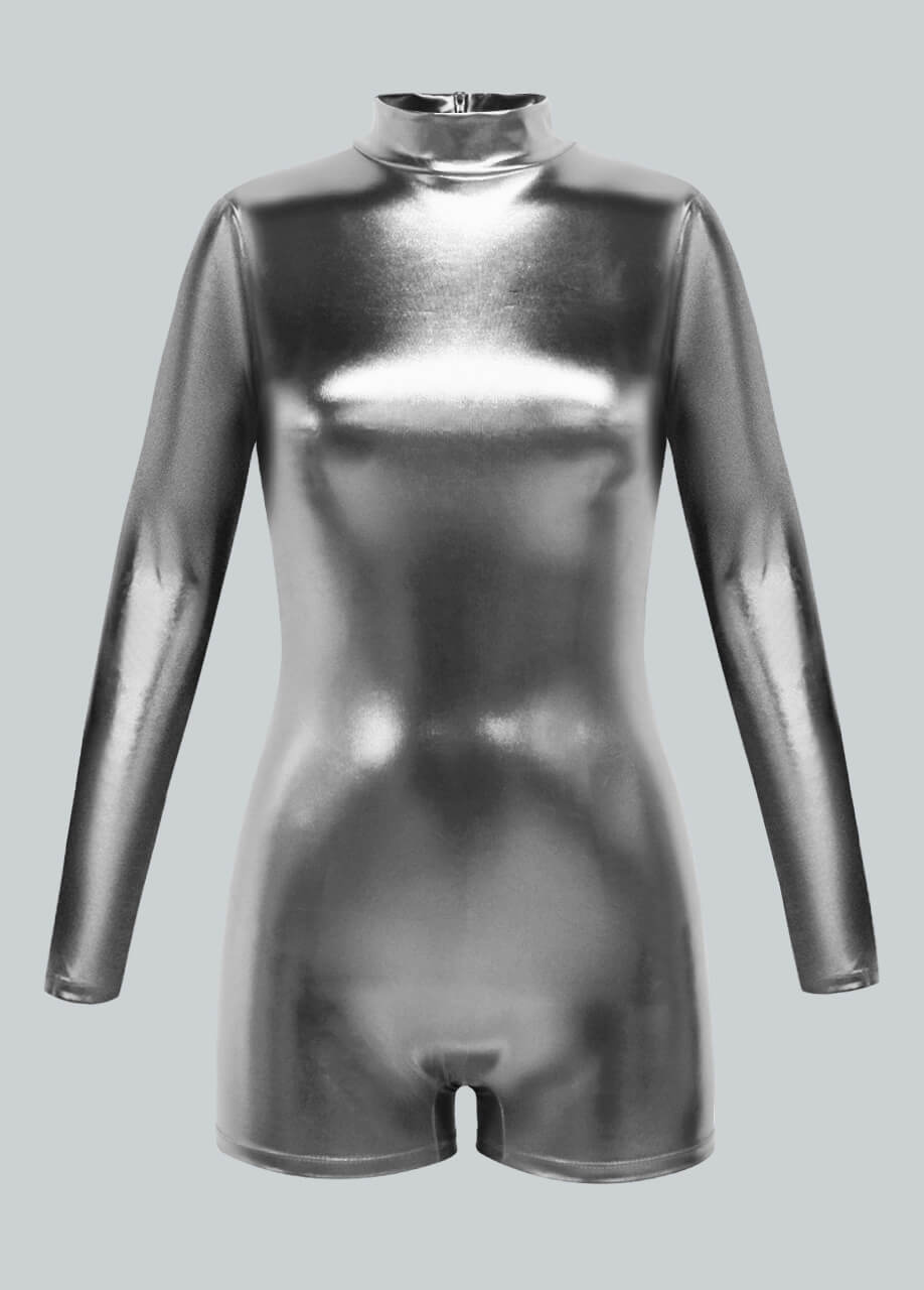 Long Sleeve Mock Neck Shiny Metallic Romper