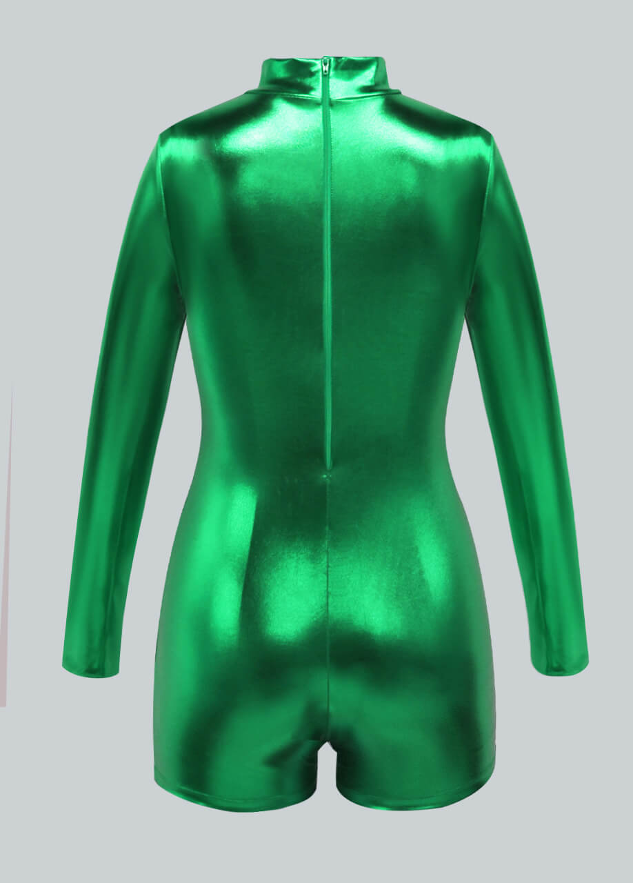 Long Sleeve Mock Neck Shiny Metallic Romper