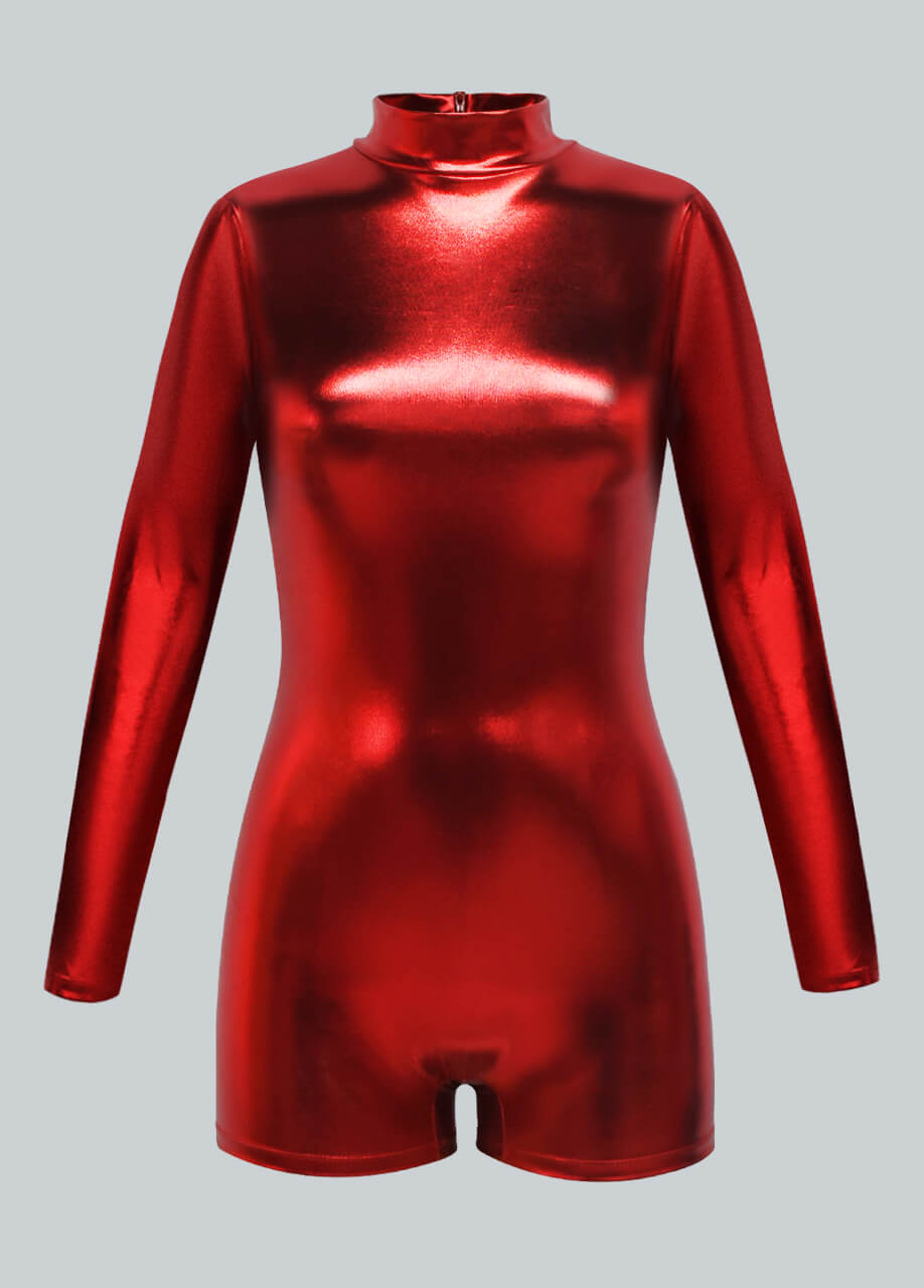 Long Sleeve Mock Neck Shiny Metallic Romper