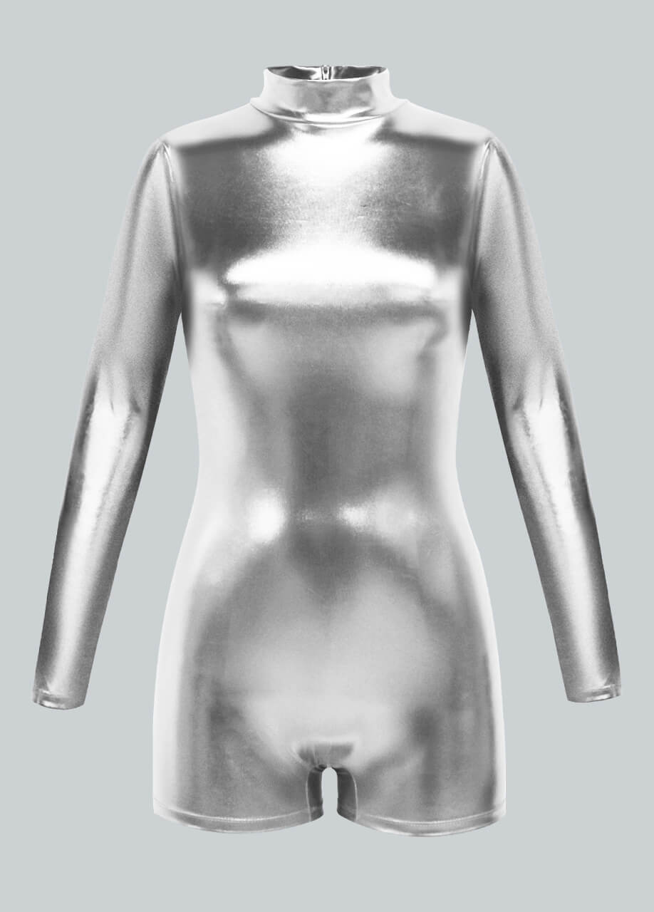 Long Sleeve Mock Neck Shiny Metallic Romper