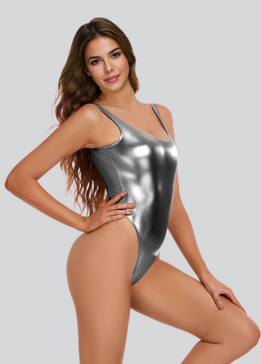 High Cut Thong Shiny Metallic Leotard