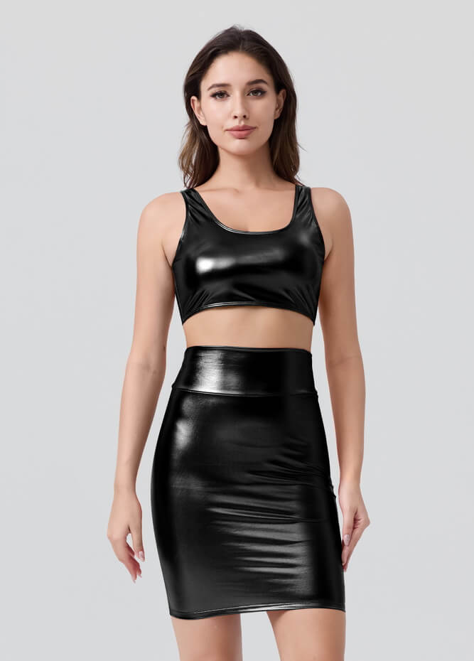 Shiny Metallic Tops & Pencil Skirt Set