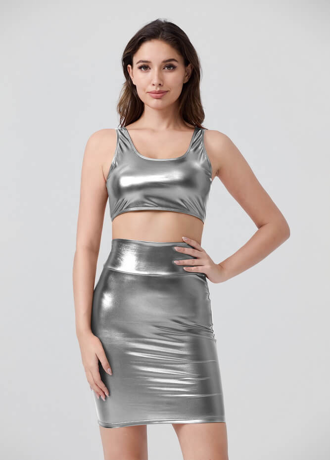 Shiny Metallic Tops & Pencil Skirt Set