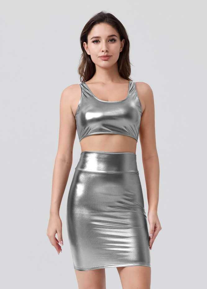 Shiny Metallic Tops & Pencil Skirt Set