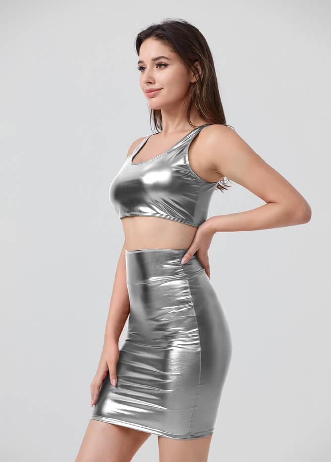 Shiny Metallic Tops & Pencil Skirt Set