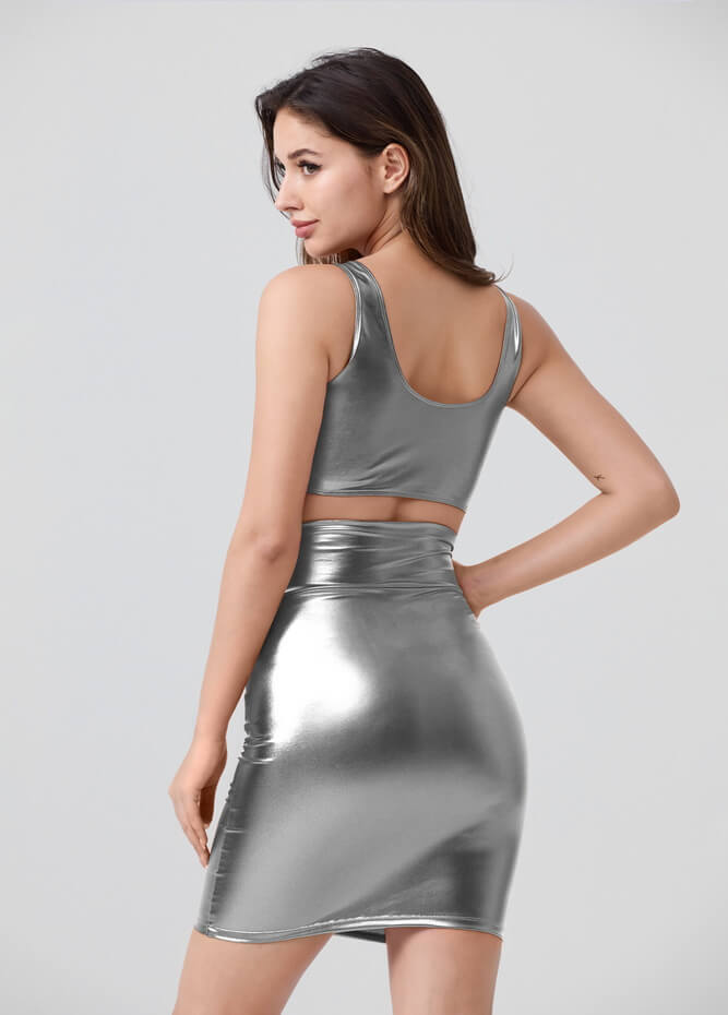 Shiny Metallic Tops & Pencil Skirt Set