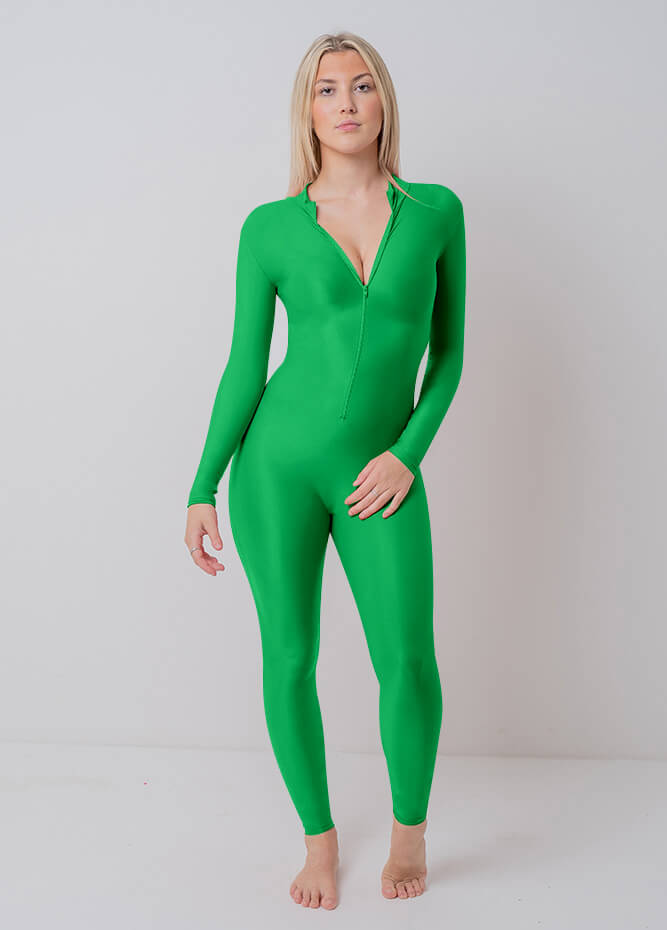 Forest Green Shiny Nylon Spandex Catsuit Front Zipper Jumpsuit Unitard  Bodysuit Hot Long Sleeves Army Military Onesie Size S M L XL 