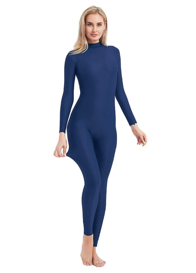 Shiny Spandex Blue Mock Neck Long Sleeve Unitard Bodysuit Costume  Dancewear-Reg and Plus Size