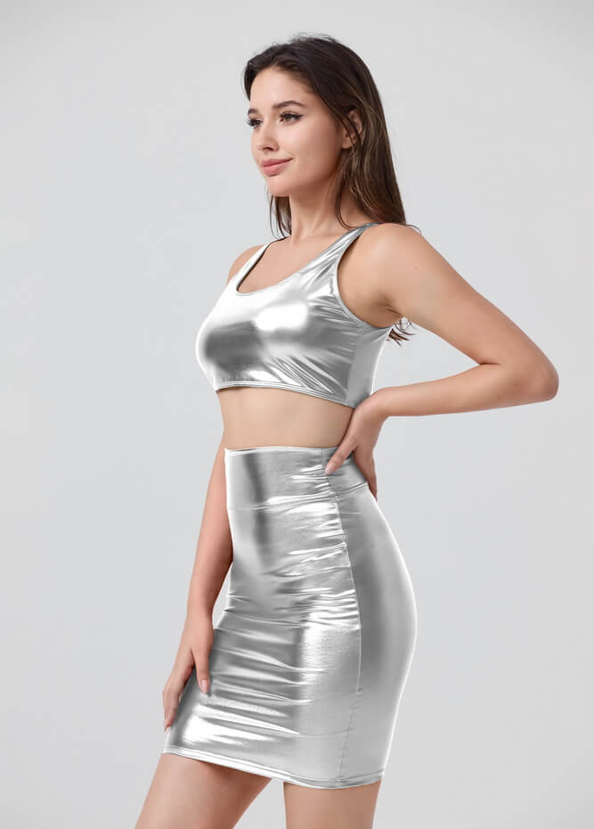 Shiny Metallic Tops & Pencil Skirt Set