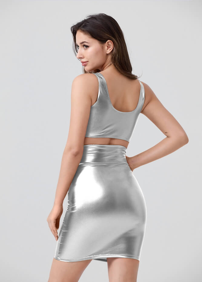 Shiny Metallic Tops & Pencil Skirt Set