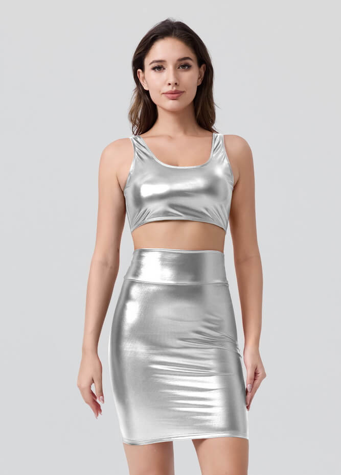 Shiny Metallic Tops & Pencil Skirt Set