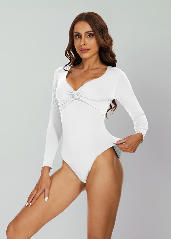 Express Fitted V-Wire Ponte Long Sleeve Thong Bodysuit White Women's XL