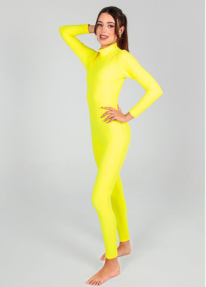 Yellow Shiny Spandex Scoop Neck Long Sleeve Unitard Dancewear Bodysuit –  Costume Zoo